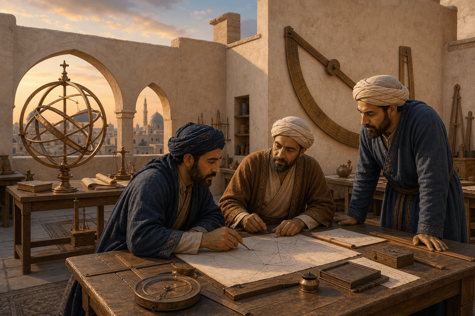 رسم توضيحي تعليمي لمرصد بغدادي متخيّل وأدوات فلكية وباحثين، ليس بورتريهًا تاريخيًا موثقًا لأبي الوفا البوزجاني
