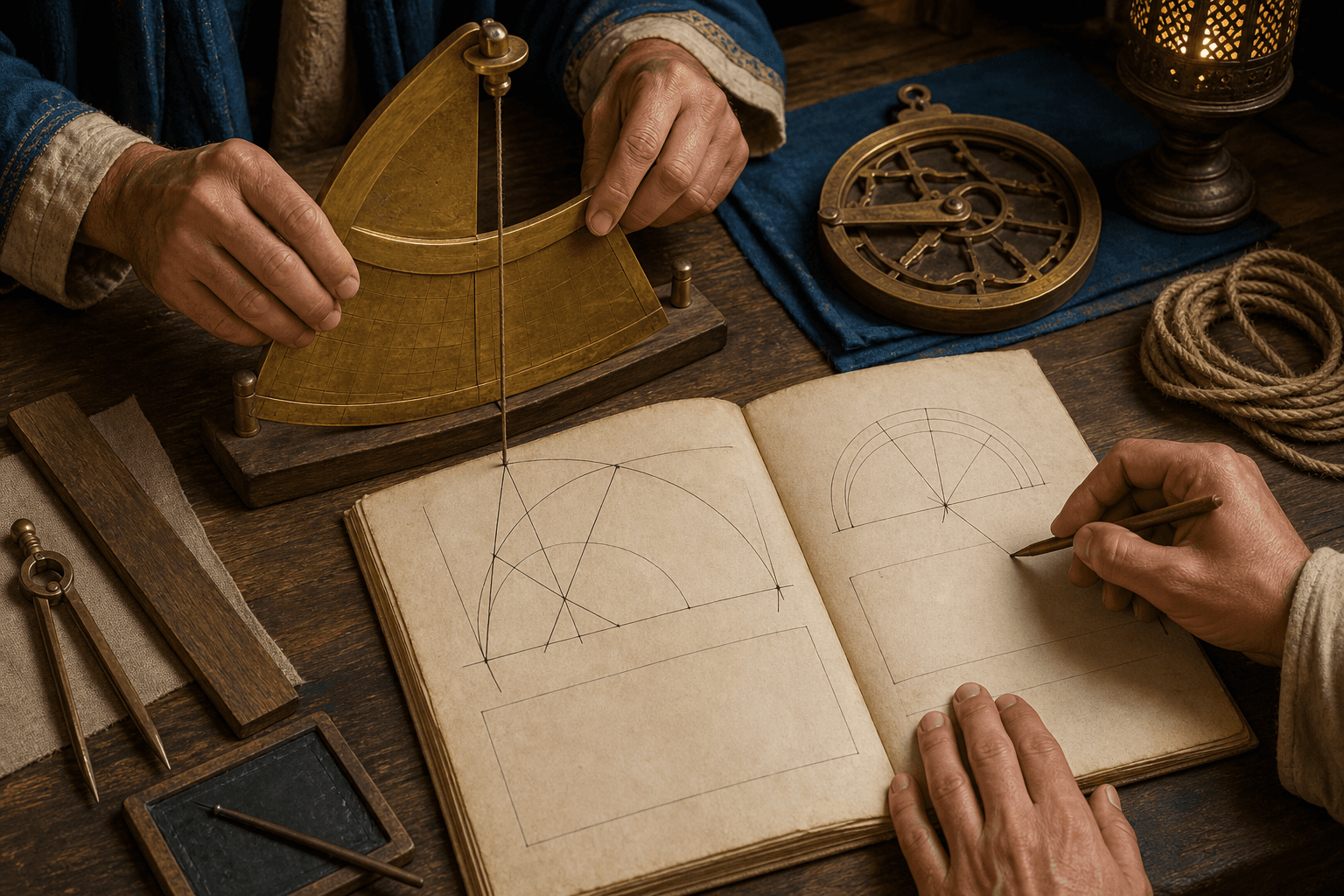 رسم توضيحي تعليمي ليد تستخدم أداة فلكية نحاسية فوق ورقة ذات دوائر هندسية مجردة، ليس مخطوطًا أصليًا