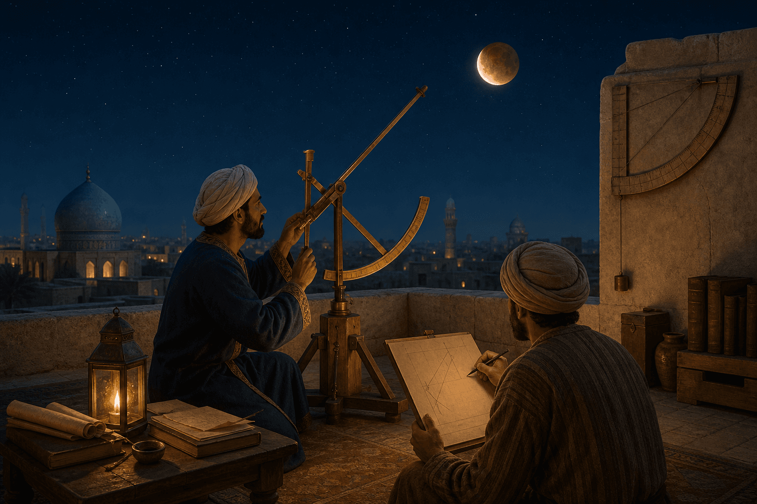 رسم توضيحي تعليمي لرصد خسوف قمري بأداة فلكية على سطح ليلي، الشخصيات مجهلة وليس مشهدًا موثقًا