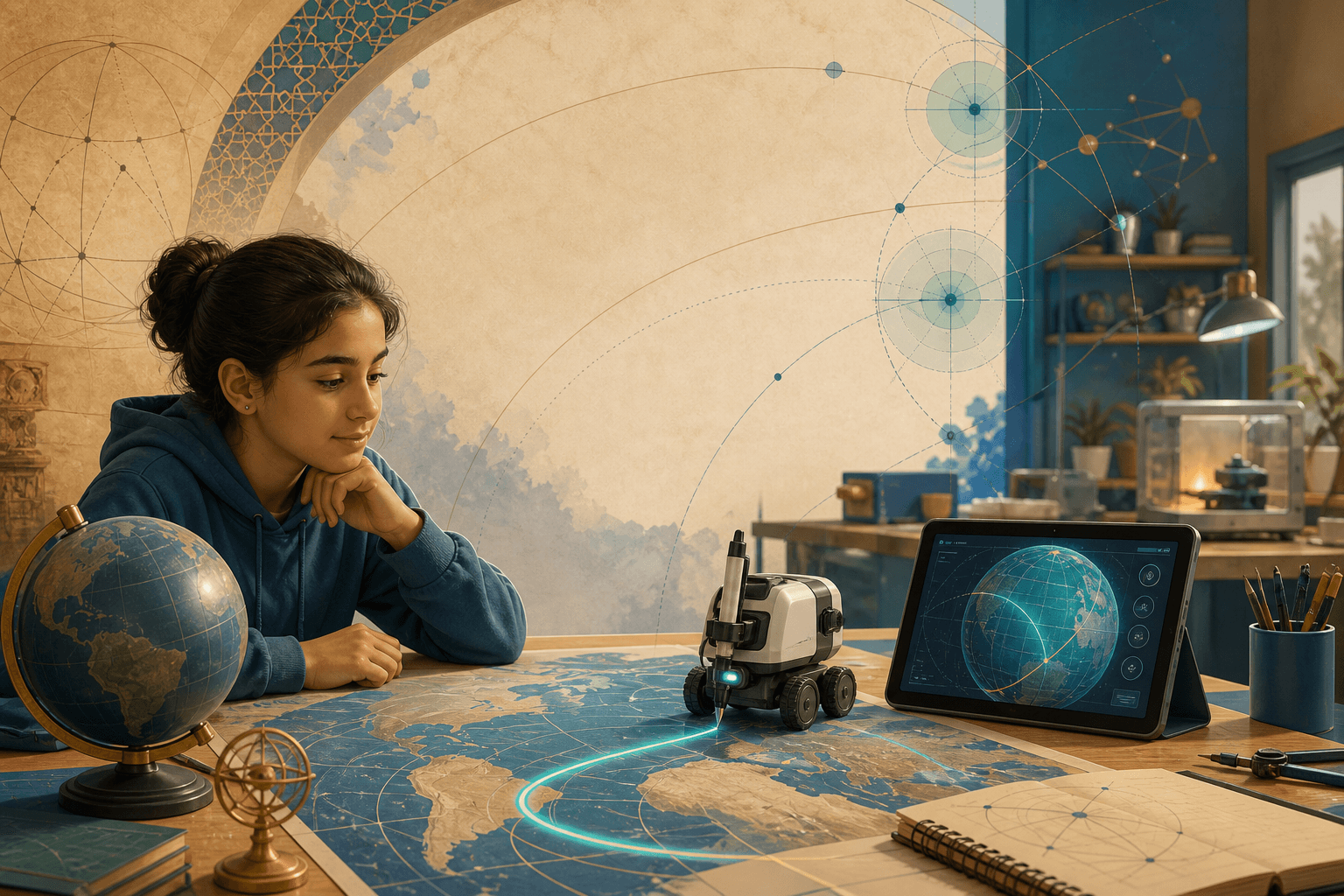 رسم توضيحي تعليمي لطالبة تراقب كرة أرضية وروبوتًا صغيرًا يرسم مسارًا مقوسًا على خريطة، جسر حديث إلى الجيوديسيا