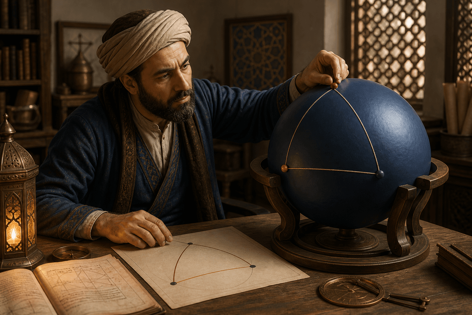 رسم توضيحي تعليمي لباحث أمام كرة زرقاء يحدد مثلثًا كرويًا بخيط ملون، ليس مشهدًا تاريخيًا موثقًا
