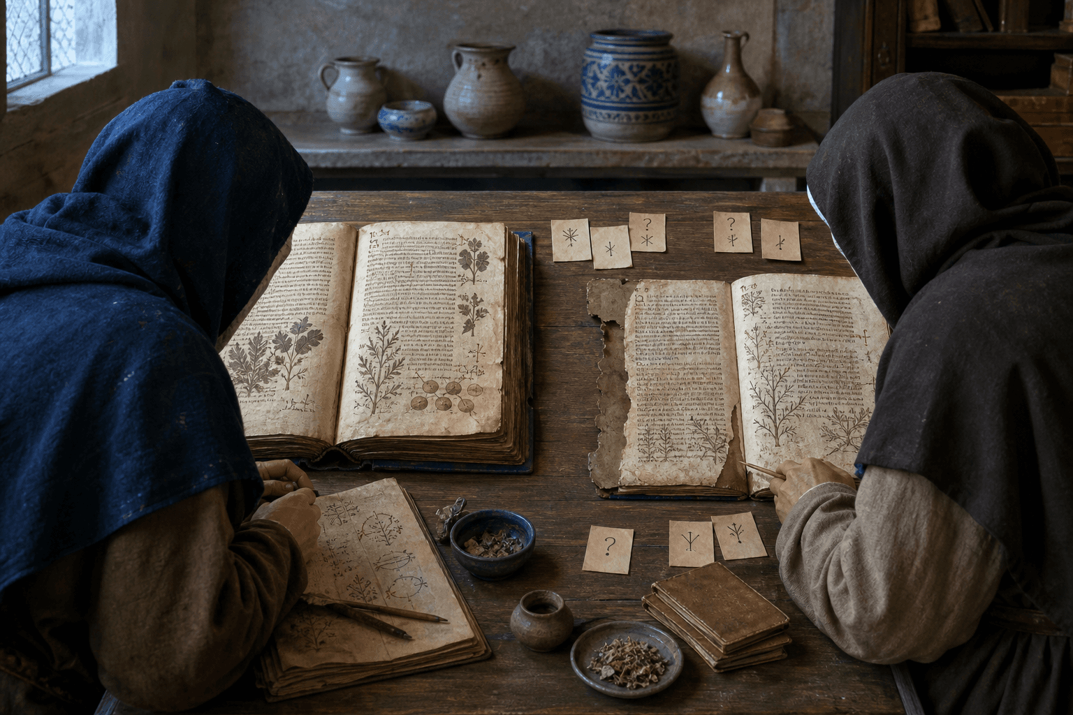 رسم توضيحي تعليمي لمقارنة نسختين غير مكتملتين من سجل مواد مع علامات شك، وليس مخطوطًا تاريخيًا محددًا