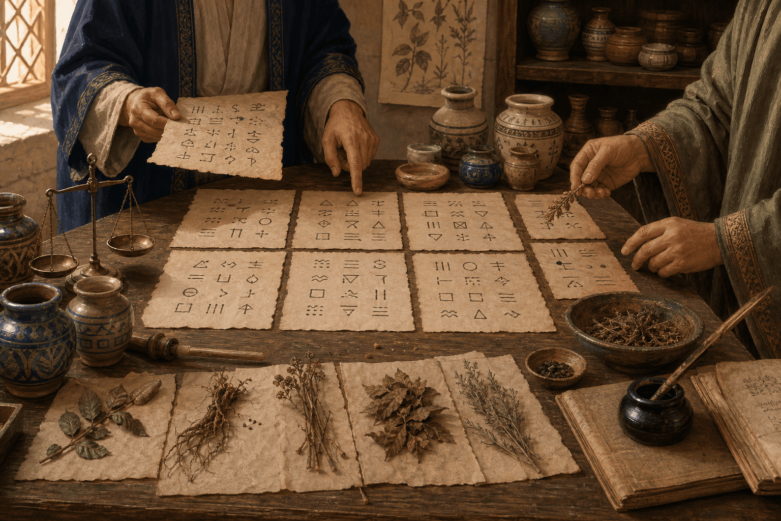 رسم توضيحي تعليمي لأسماء متعددة وعينات مواد على طاولة صيدنة تاريخية، دون ادعاء أنها أوراق أو أشخاص موثقون