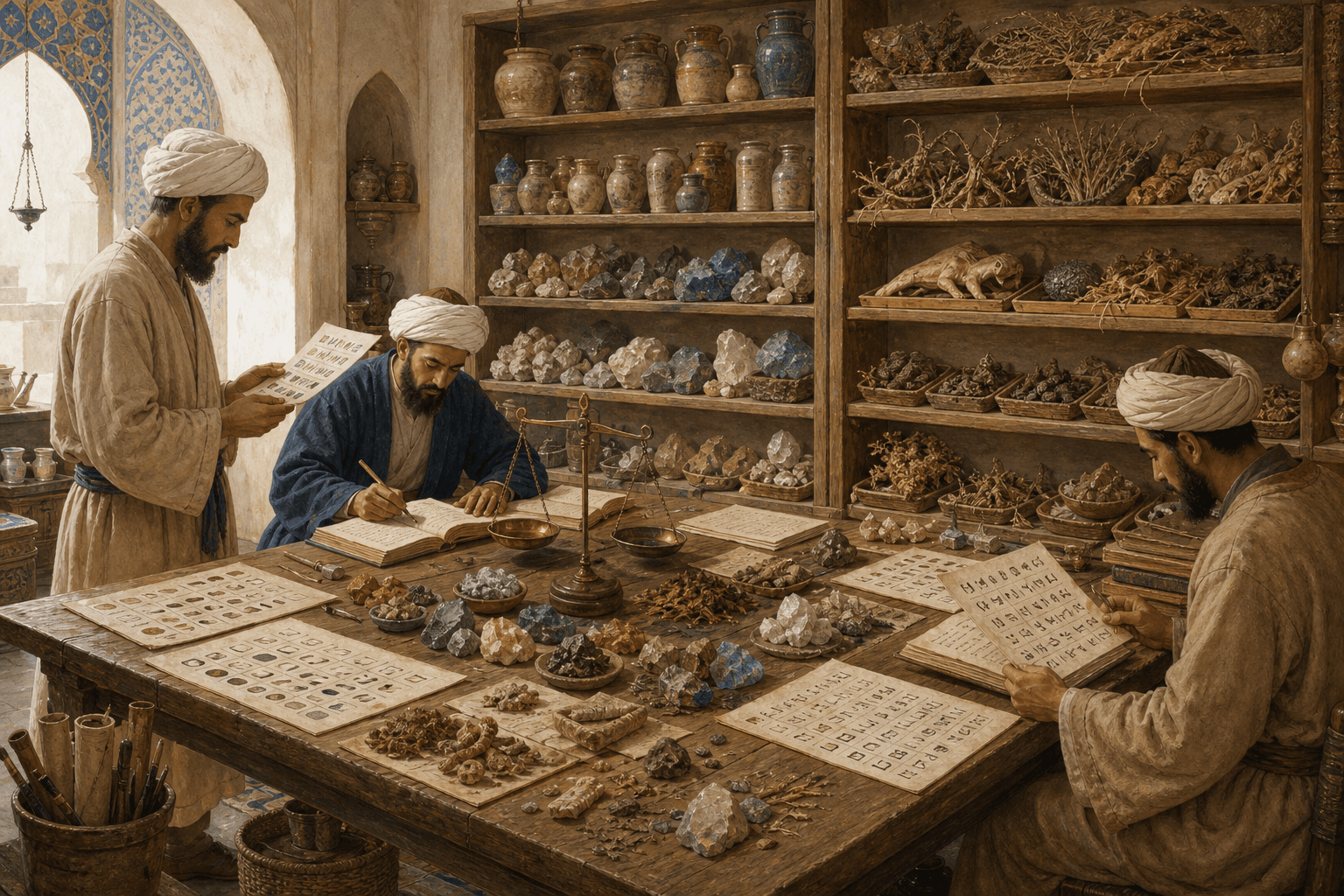 رسم توضيحي تعليمي لورشة دراسة الصيدنة والمواد الطبية في العصر الوسيط، مع باحثين مجهولين، وليس بورتريهًا موثقًا للبيروني