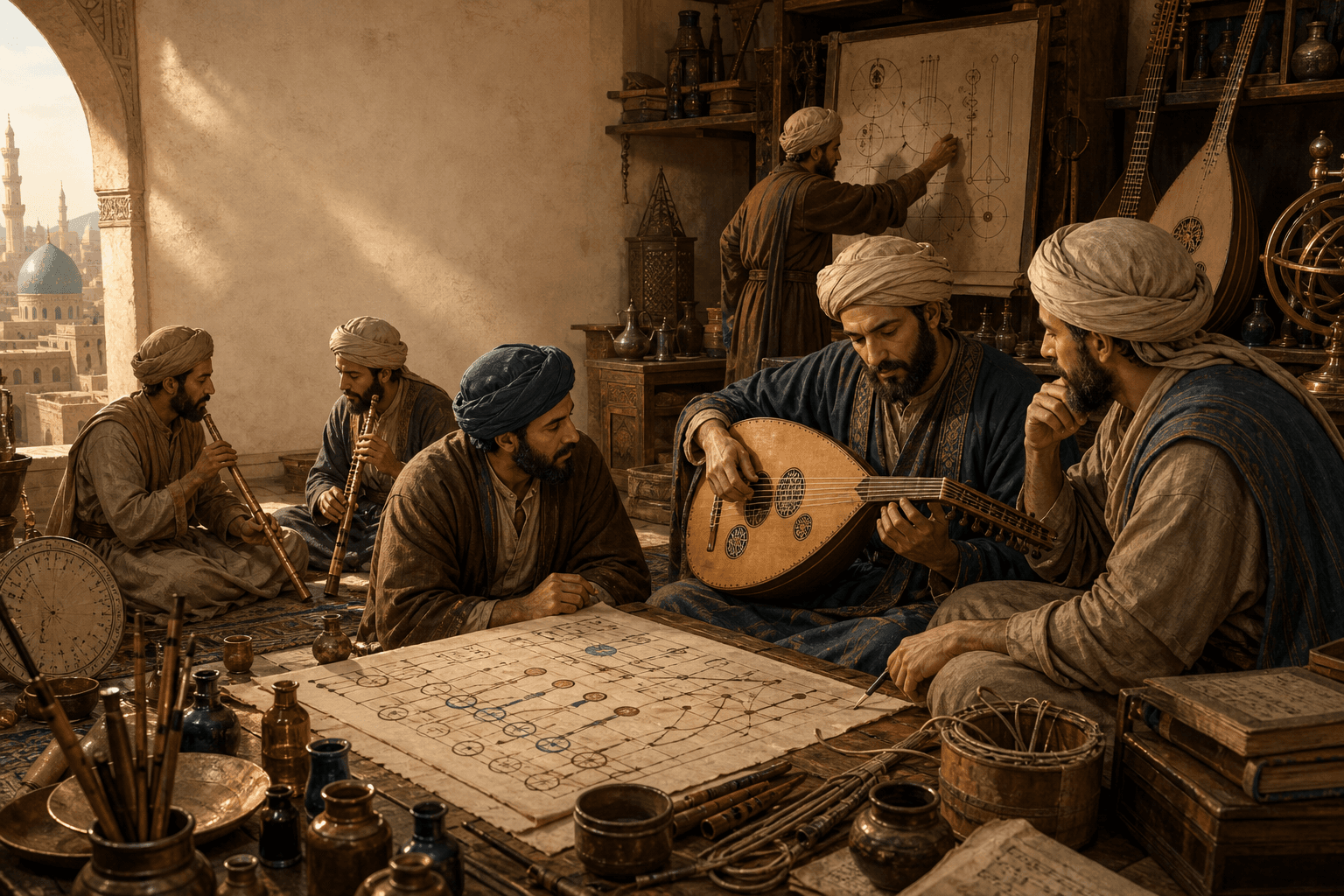رسم توضيحي تعليمي لورشة موسيقى وقياس صوت في بغداد العباسية، مع عود وأوتار ومخطوط، وليس بورتريهًا موثقًا للفارابي