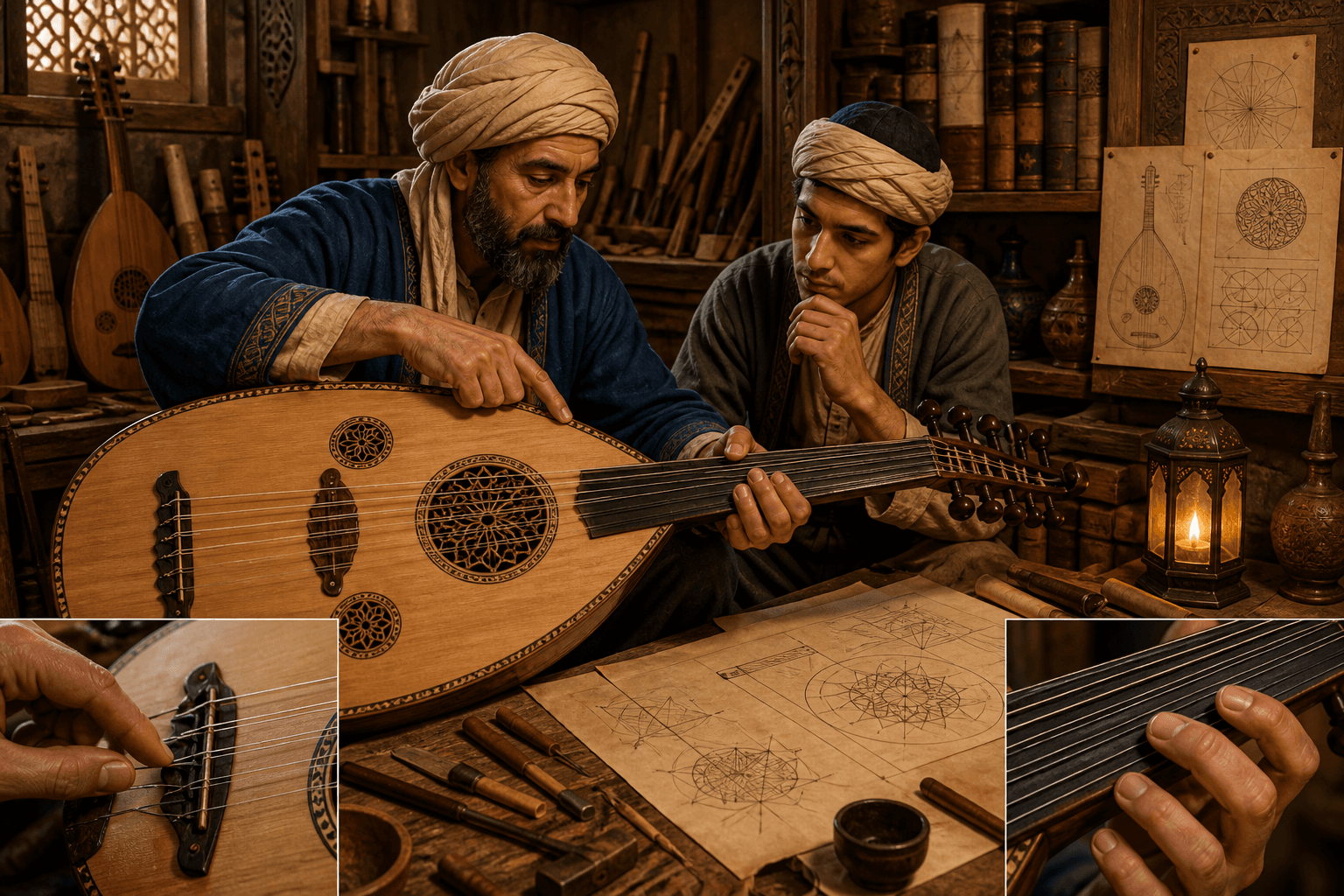 رسم توضيحي تعليمي لعود ومواضع أصابع في ورشة تاريخية معاد بناؤها، وليس بورتريهًا أو آلة موثقة بعينها
