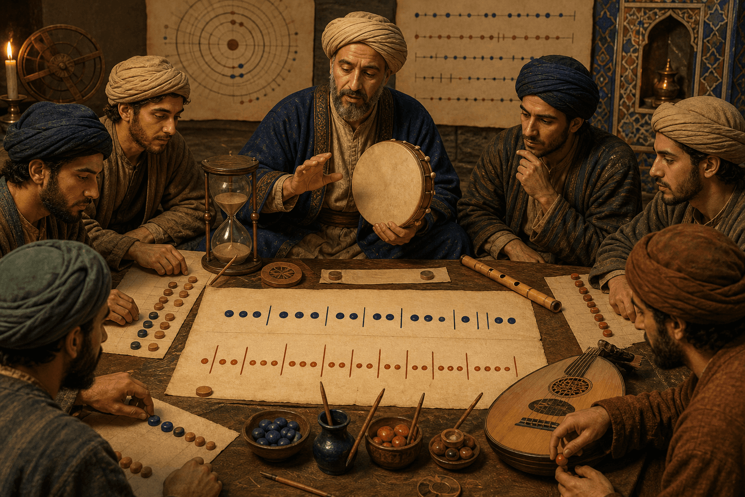 رسم توضيحي تاريخي تعليمي لطلاب يرتبون أنماط الإيقاع بالحجارة على ورق، وليس مخططًا إيقاعيًا أصليًا
