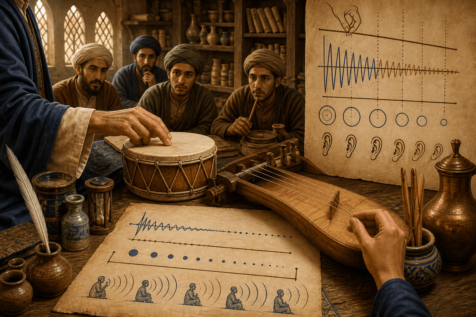 رسم توضيحي تعليمي ليد تطرق إطارًا ووترًا في ورشة عباسية مع مخطط مجرد لبدء الصوت، وليس مشهدًا موثقًا للفارابي