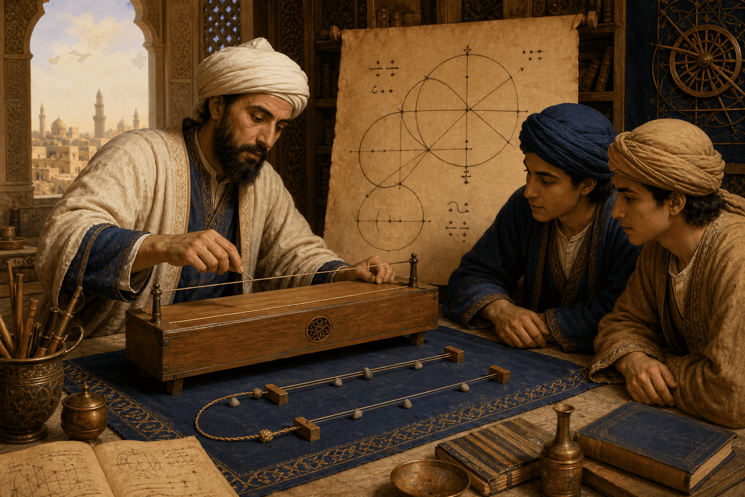 رسم توضيحي تاريخي تعليمي لمقارنة أطوال أوتار وعلاقات نغمية في ورشة عباسية، وليس مخططًا أصليًا محفوظًا