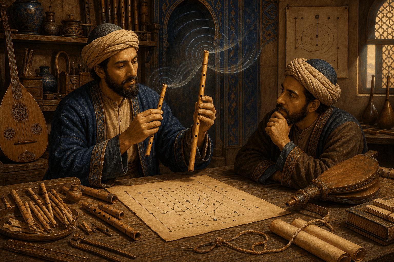 رسم توضيحي تاريخي تعليمي لمقارنة قصبتين وآلتي نفخ في ورشة معاد بناؤها، وليس صورة جلسة موثقة للفارابي