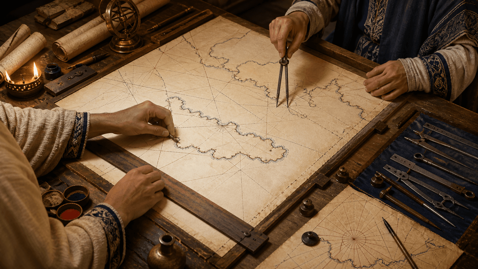 رسم توضيحي تعليمي للوح رسم وخطوط قياس وأدوات هندسية في ورشة خرائط تاريخية، بلا كتابة مقروءة