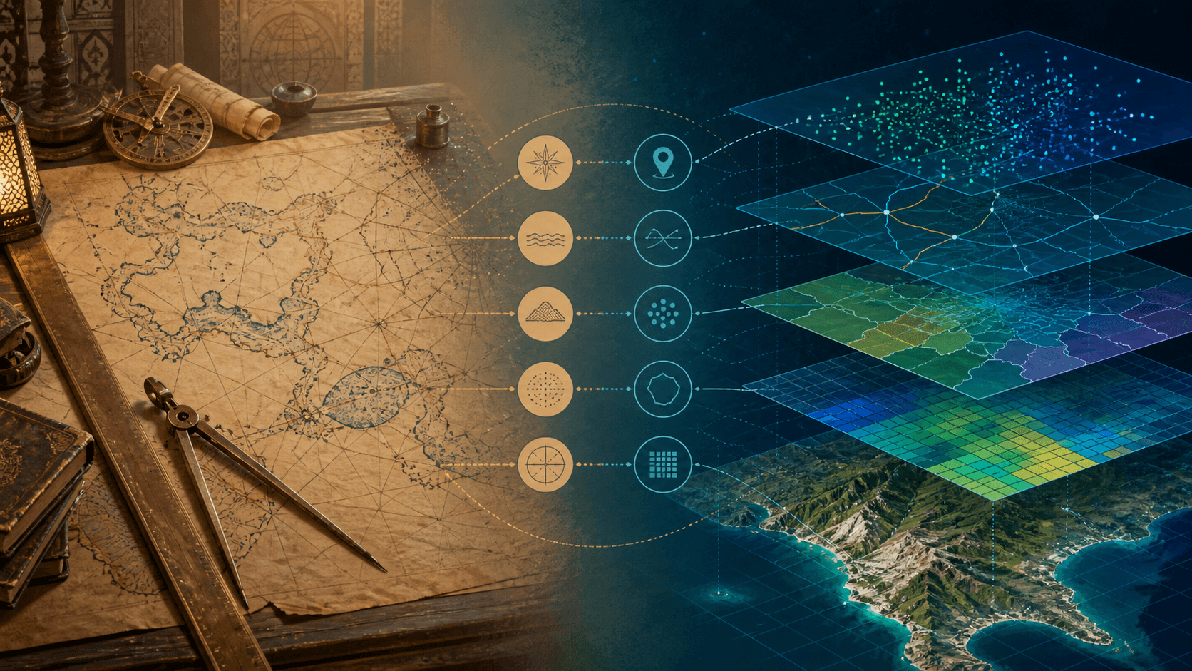 رسم توضيحي تعليمي يفصل بين لوح خرائط تاريخي وطبقات GIS واستشعار عن بعد حديثة، دون ادعاء نسب مباشر