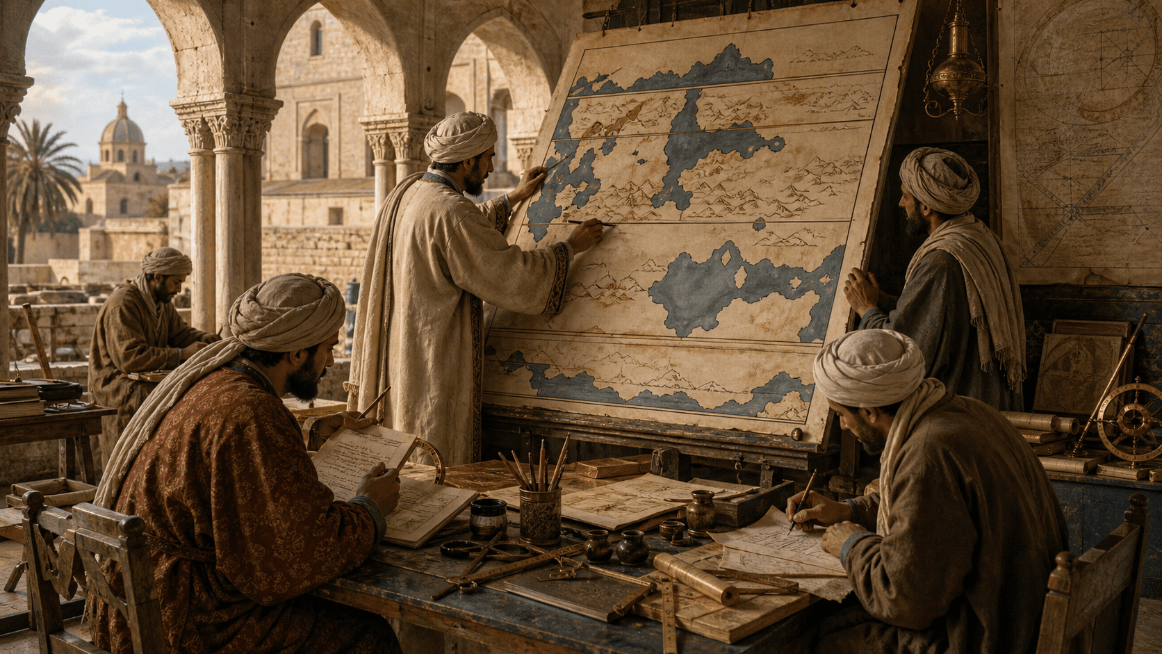 رسم توضيحي تعليمي لورشة خرائط في صقلية من العصور الوسطى، مع لوح رسم وباحثين مجهولين، وليس بورتريهًا موثقًا