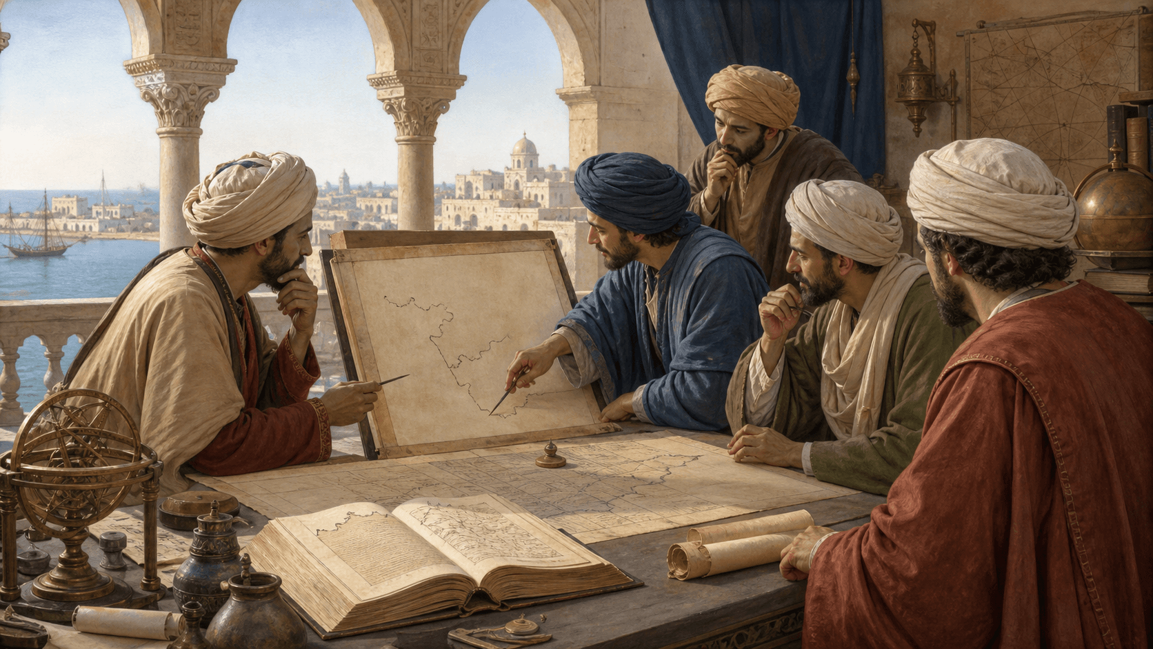 رسم توضيحي تعليمي لمجلس عمل جماعي حول لوح رسم في باليرمو الوسيطة، وليس مشهدًا تاريخيًا موثقًا