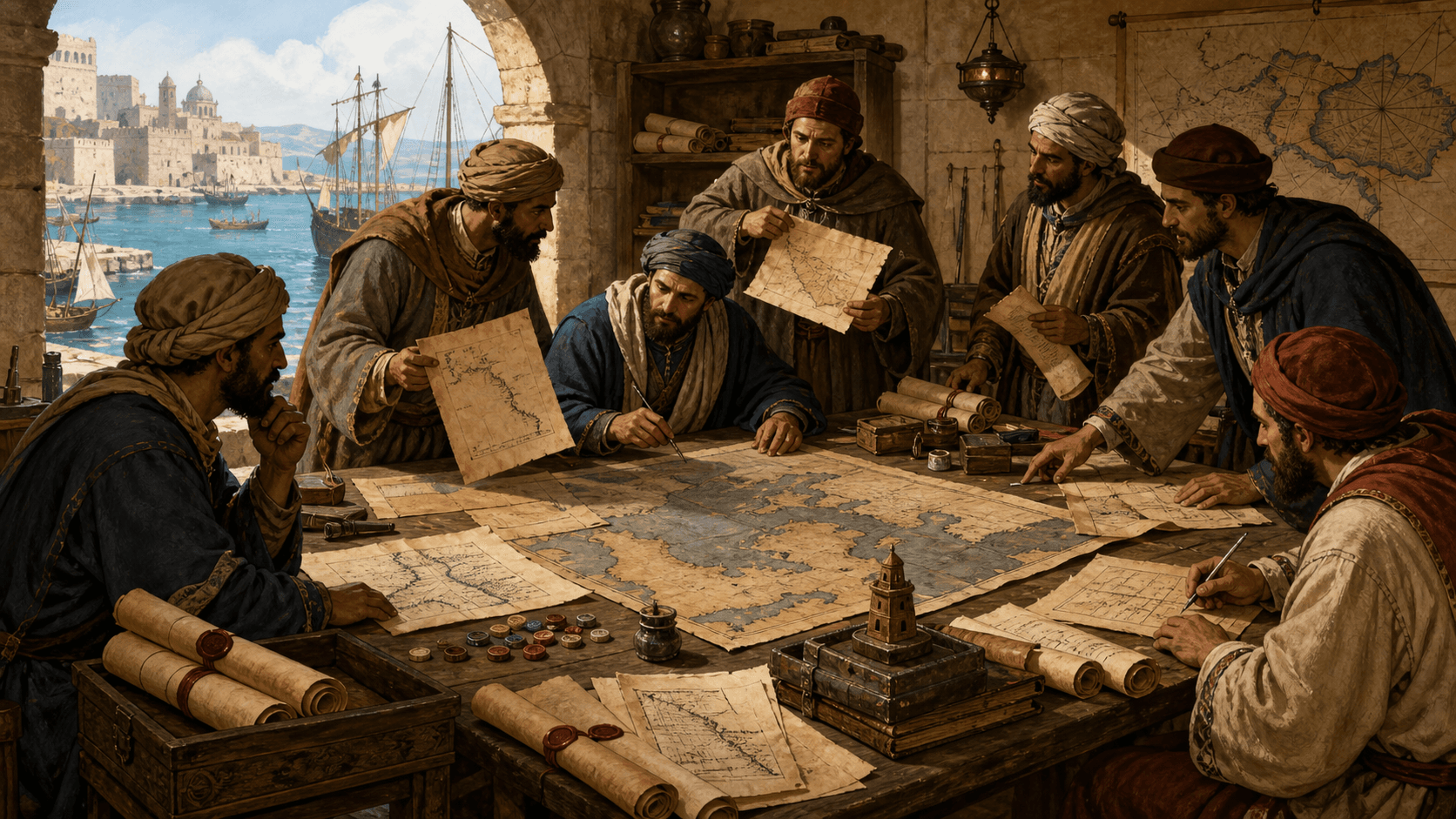 رسم توضيحي تعليمي لأوراق أخبار رحلات وموانئ ورواة مجهولين حول طاولة خرائط، دون نص مقروء