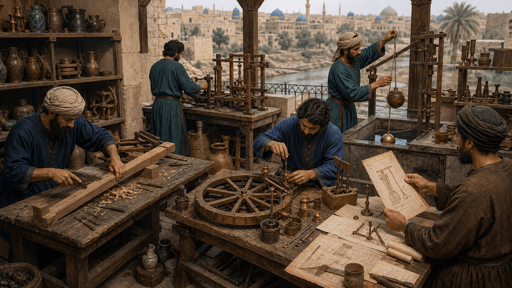 رسم توضيحي تعليمي لشبكة صنّاع مجهولين يركبون أجزاء آلة مائية ويقارنون مخططات، وليس مشهدًا تاريخيًا موثقًا