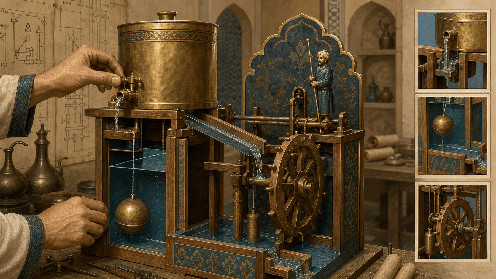 رسم توضيحي تعليمي لساعة ماء بخزان وعوامة وعجلة وأذرع، وليس إعادة تصوير لمخطوط أصلي