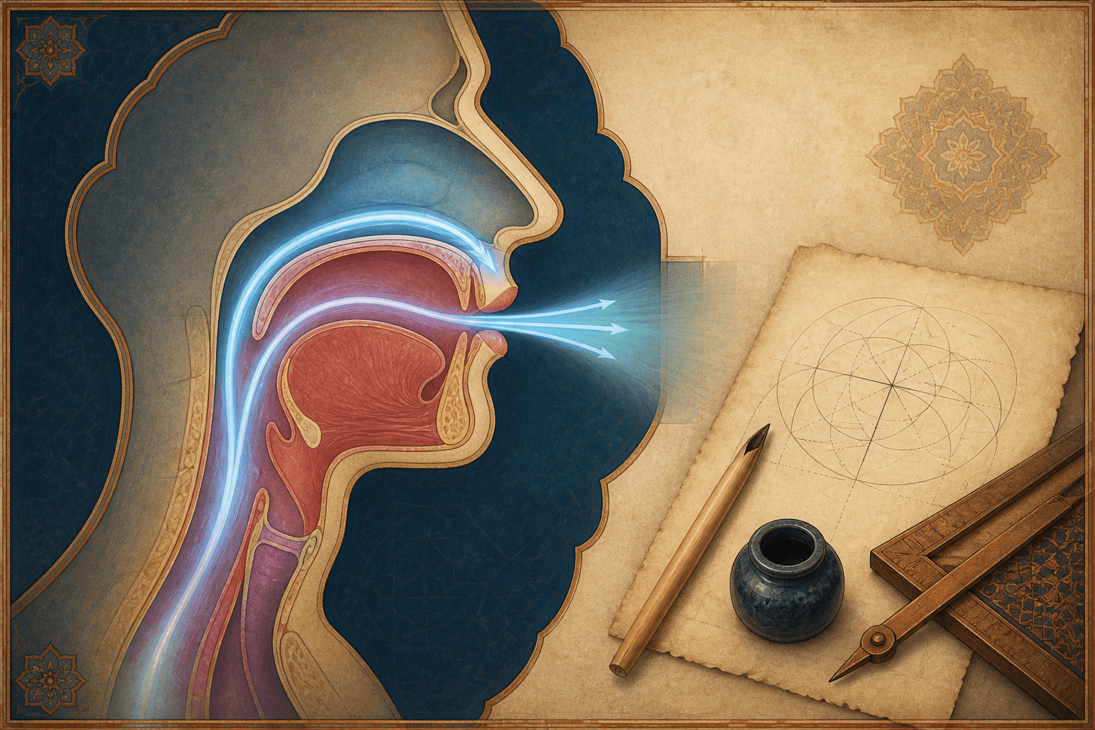 رسم توضيحي تعليمي لمسار هواء مجرد من الحلق إلى الفم والشفتين بجوار أدوات كتابة، لا مخططًا تاريخيًا أصليًا
