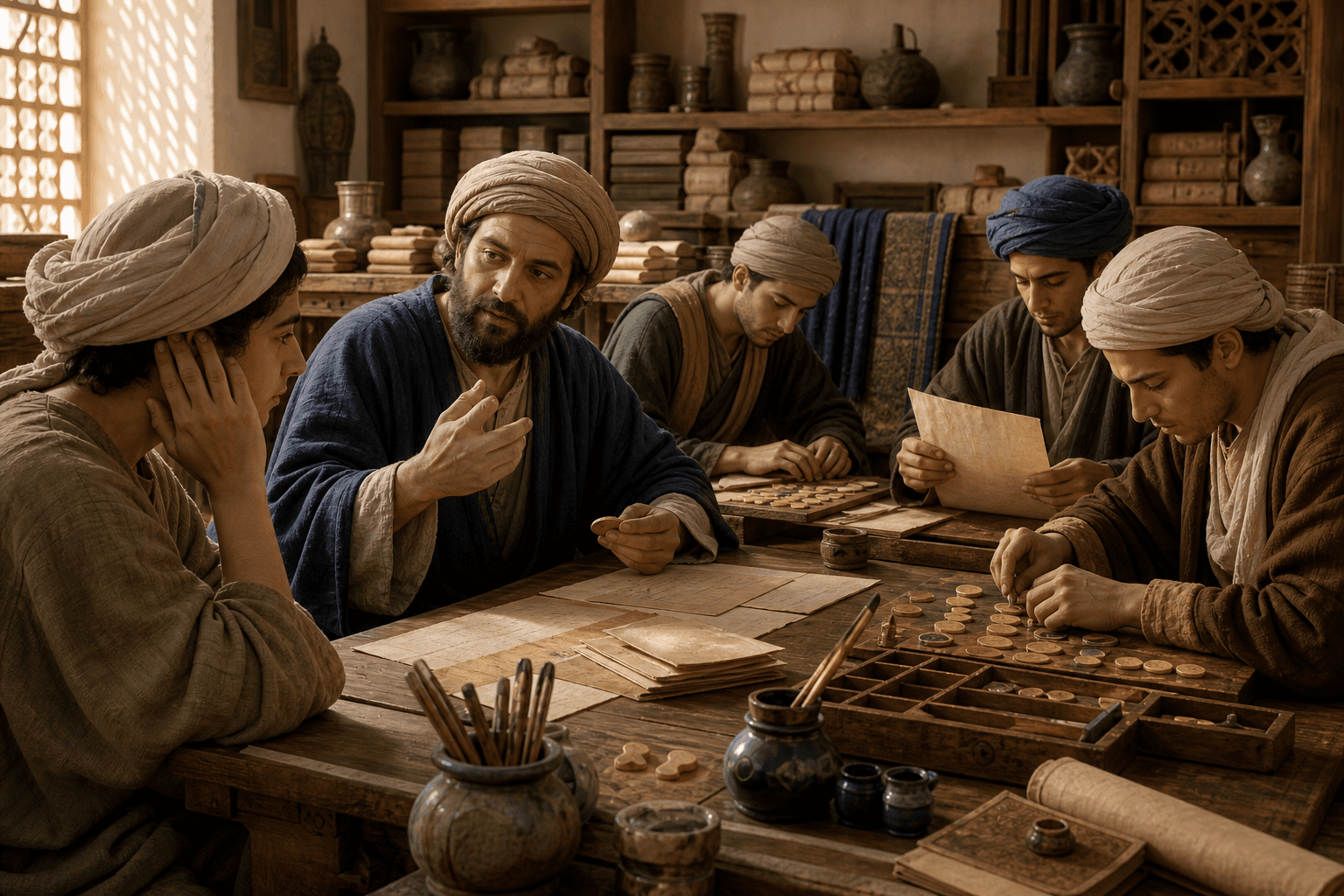 رسم توضيحي تعليمي لورشة معجمية في البصرة مع مخطوطات وأدوات كتابة، لا بورتريهًا موثقًا للخليل بن أحمد