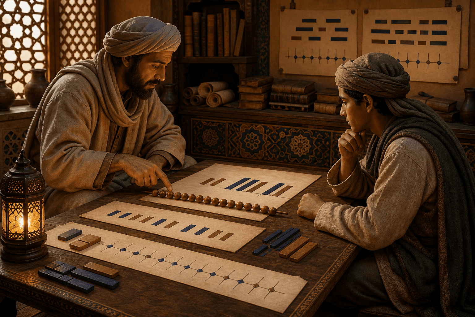 رسم توضيحي تعليمي لمتعلم يختبر إيقاعًا بأشرطة وخرز في غرفة تاريخية، لا تدوينًا أصليًا للعَروض