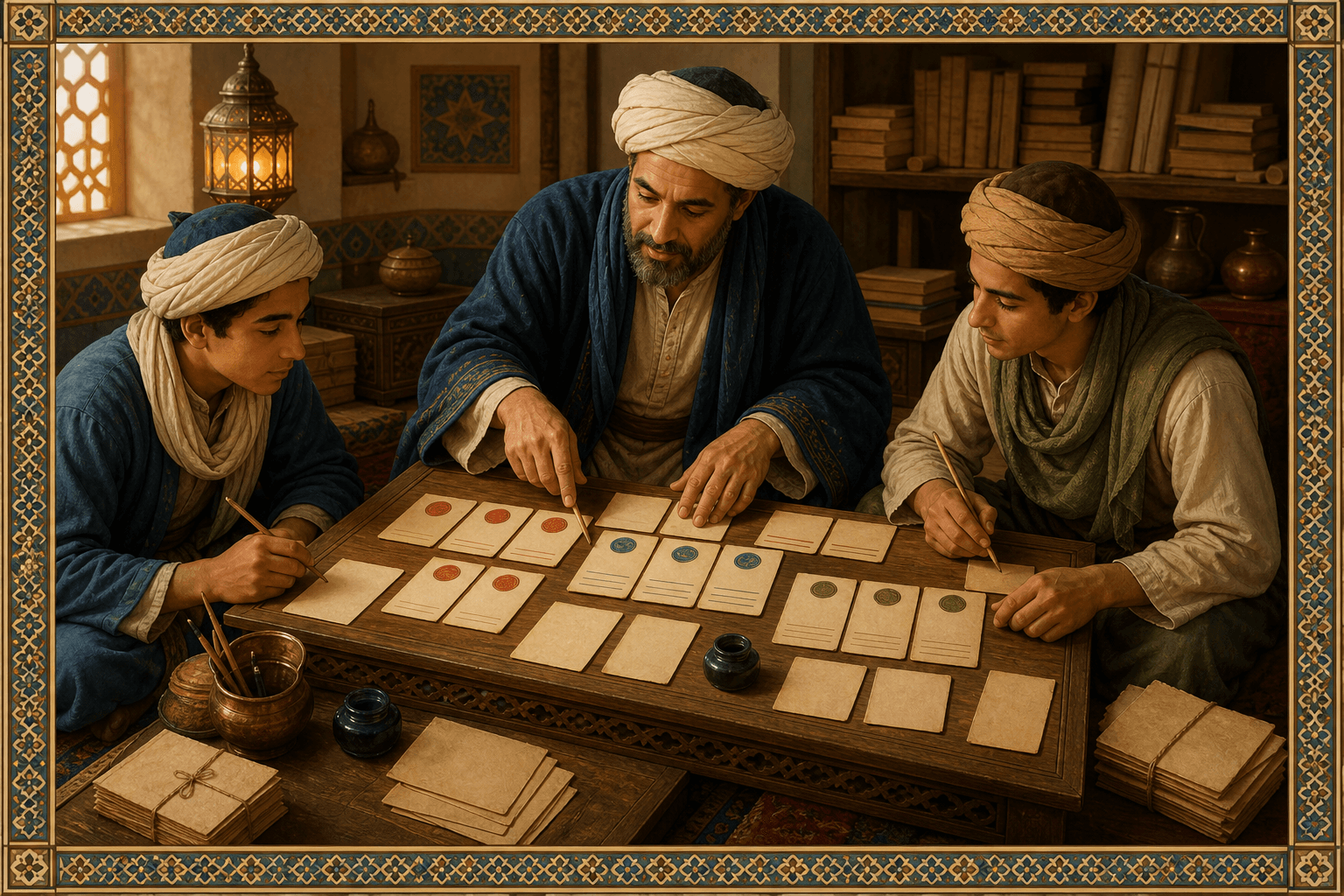 رسم توضيحي تعليمي لمعلم وطالبين يقارنون بطاقات شواهد فارغة في غرفة علمية، لا جلسة موثقة لشخصيات تاريخية