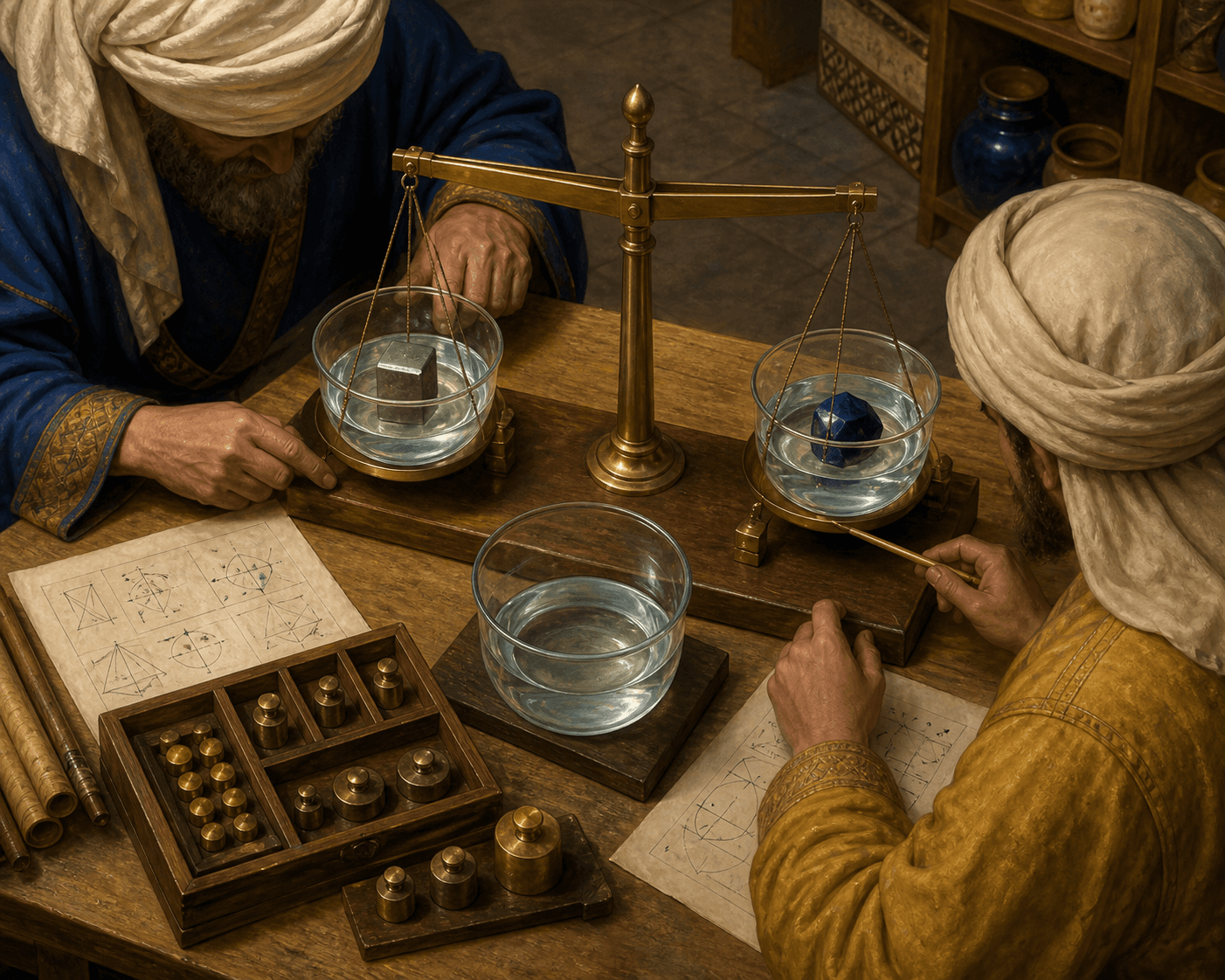 رسم توضيحي تاريخي تعليمي لمقارنة معدن وحجر في أوعية ماء على ميزان، وليس تجربة أثرية موثقة