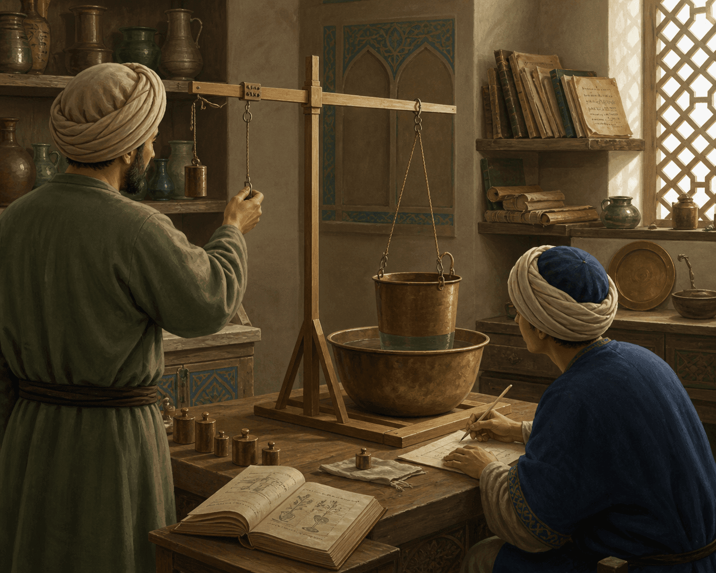 رسم توضيحي تاريخي تعليمي لشخصين يقارنان ميزانًا هيدروستاتيكيًا وأوعية ماء وأوزانًا، وليس مشهدًا أرشيفيًا