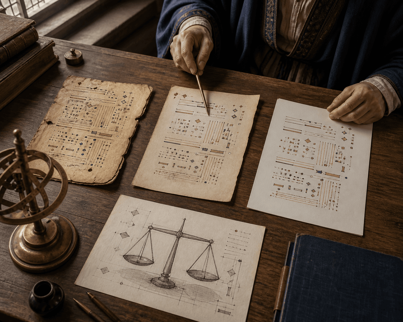 رسم توضيحي تعليمي يقارن طبقات مخطوط ونسخة وطبعة ودراسة بجانب رسم ميزان، وليس صورًا أرشيفية