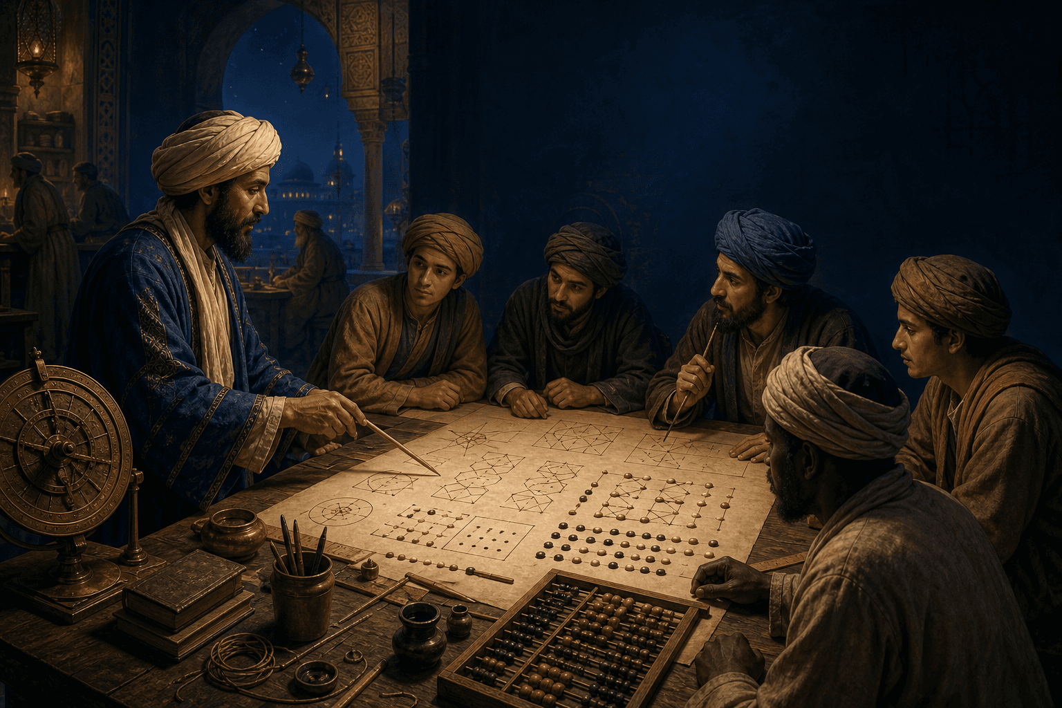 رسم توضيحي تعليمي لورشة جبر وحساب وتعاون بين المتعلمين، مستوحى من محور الخوارزمي وليس بورتريهًا تاريخيًا