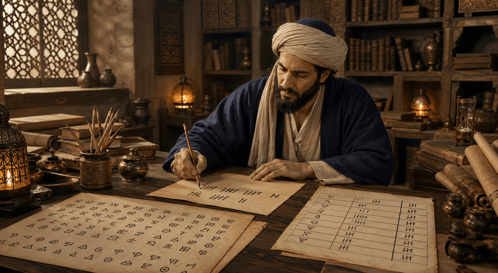 رسم توضيحي تاريخي تعليمي لباحث في بغداد العباسية يوازن بين جدول رموز متكررة ومخطط إحصائي حديث، وليس بورتريهًا للكندي أو وثيقة أرشيفية