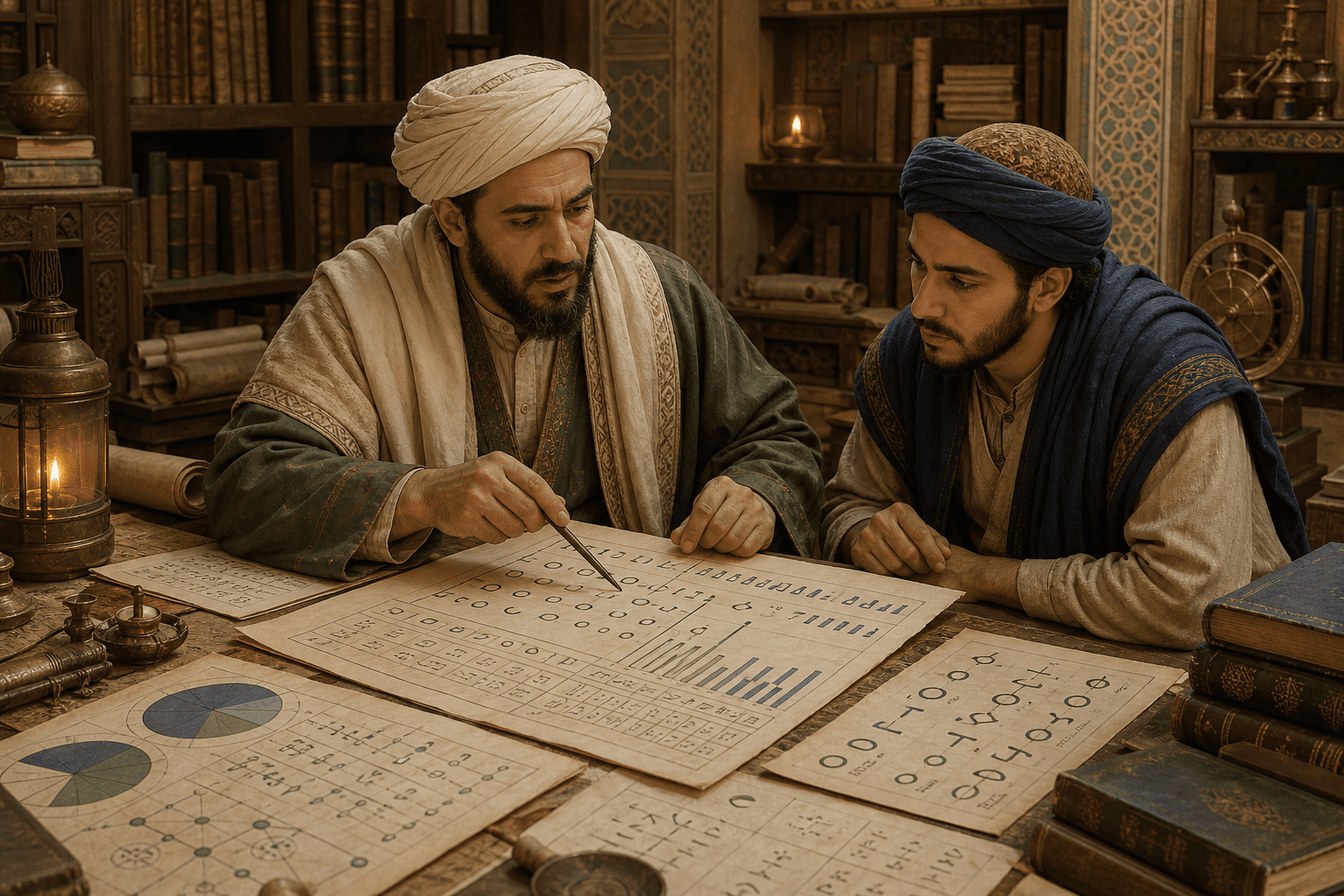 رسم توضيحي تاريخي تعليمي لباحث يضع علامات عدّ بجوار رموز مجردة وجدول تواتر على طاولة عباسية