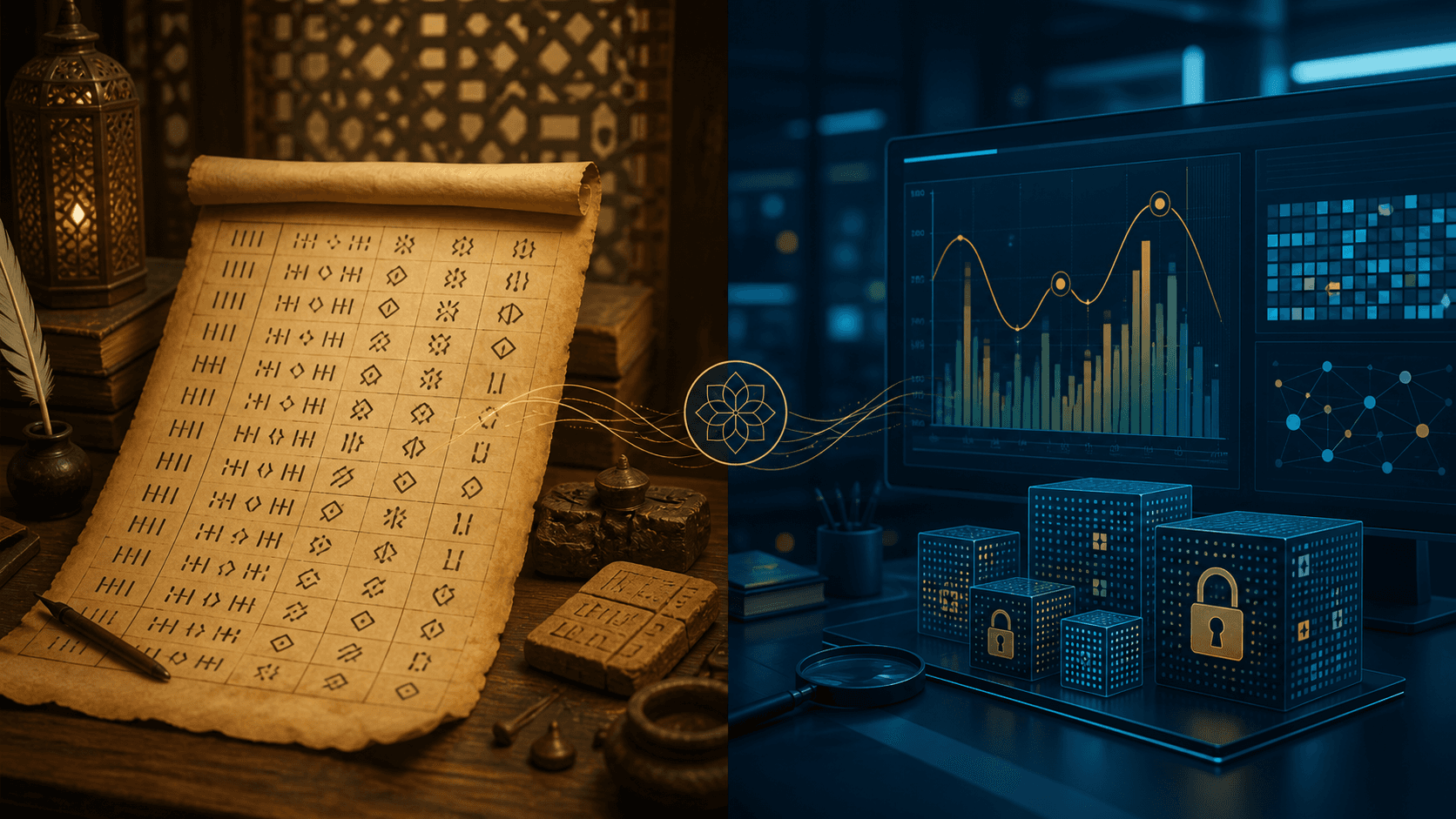 جسر بصري تعليمي يقارن جدول رموز على ورق تاريخي بتحليل بيانات في مختبر أمني حديث، من دون ادعاء تأثير مباشر
