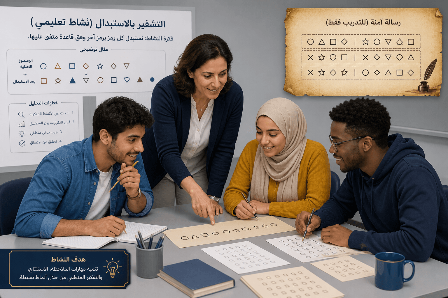 رسم توضيحي تعليمي معاصر لطلاب يراجعون نشاط رموز ورقيًا، يوضح فعل الفحص ولا يمثل مجلسًا تاريخيًا أو بورتريهًا للكندي