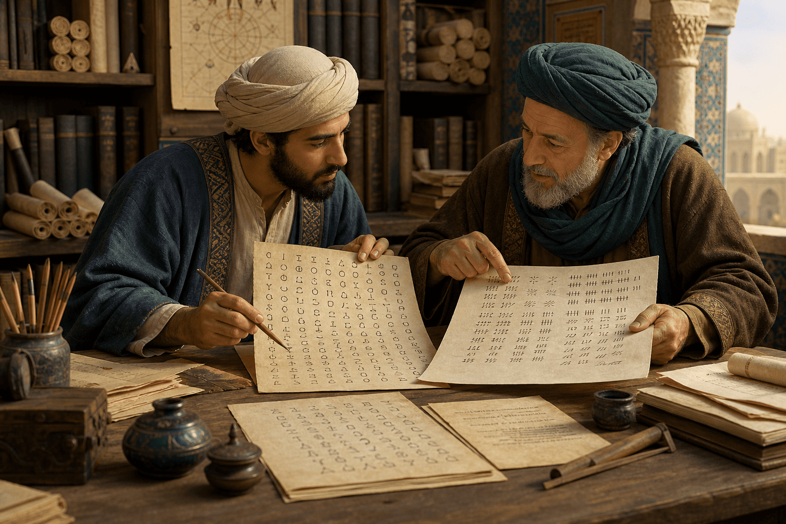 رسم توضيحي تاريخي تعليمي لعالمين يقارنان جدول رموز مخفاة وأنماطًا لغوية على ورق، وليس بورتريهين تاريخيين