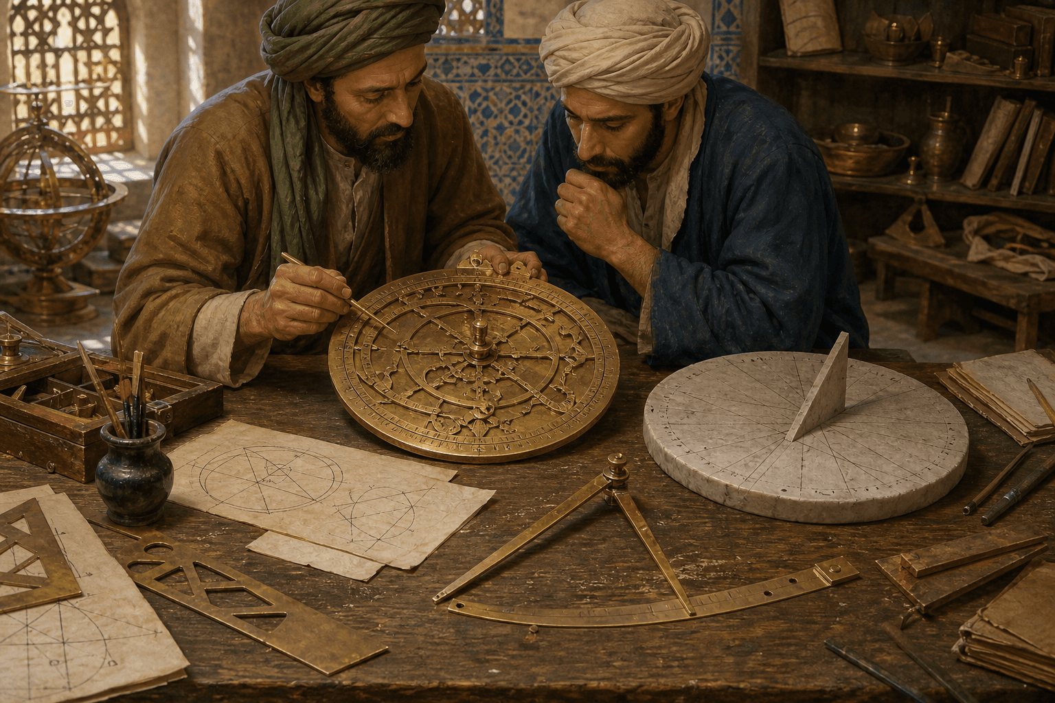 رسم توضيحي تاريخي تعليمي لأسطرلاب ومزولة وأدوات هندسية في ورشة، دون نسبة إلى قطعة محفوظة