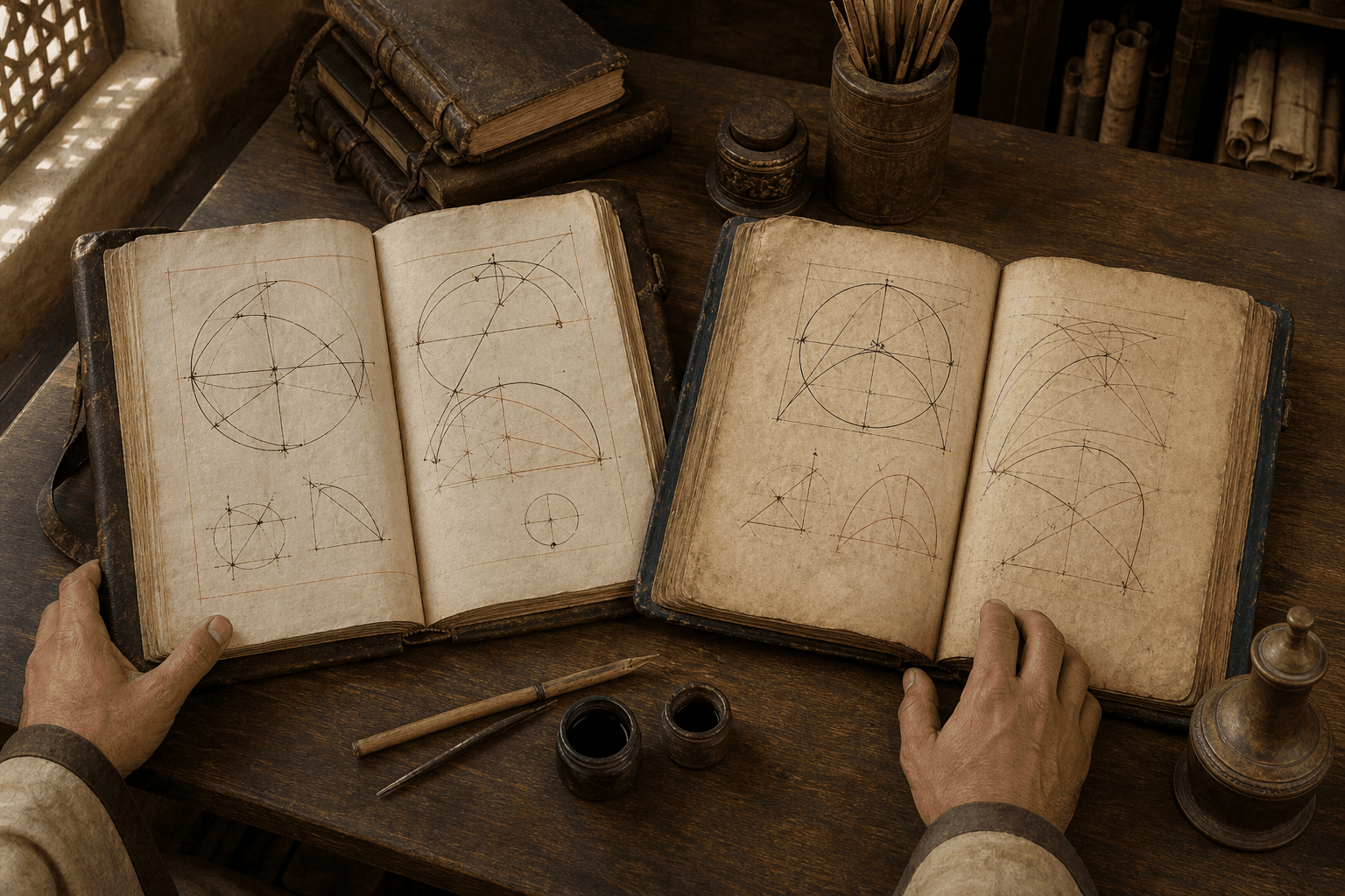 رسم توضيحي تاريخي تعليمي لمقارنة شاهدين مخطوطين يحويان رسومًا هندسية، وليس مخطوطًا محددًا