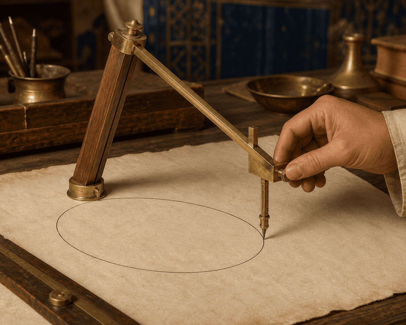 رسم توضيحي تعليمي مقرب لبركار ذي ساق قابلة للانزلاق يرسم منحنى على ورق، وليس أداة أثرية موثقة