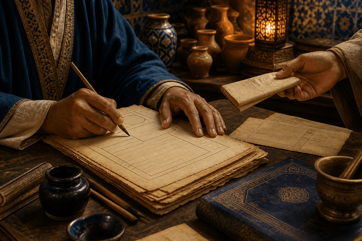 رسم توضيحي تاريخي تعليمي ليدين تسجلان ملاحظات على رقوق وورق في ورشة طبية، دون نص مقروء أو مريض ظاهر