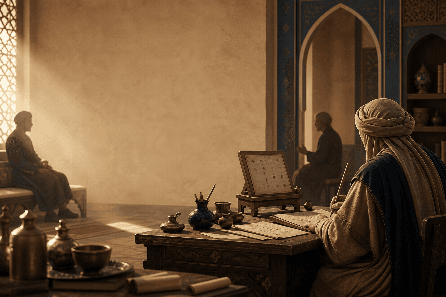 رسم توضيحي تعليمي لورشة طبية معاد بناؤها في العصر العباسي، فيها ملاحظات مقارنة وأدوات كتابة، وليس بورتريهًا تاريخيًا موثقًا للرازي
