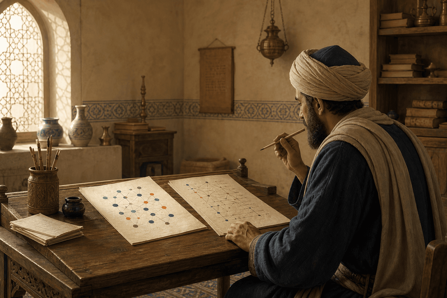 رسم توضيحي تاريخي تعليمي لطبيب يراجع ورقتين من ملاحظات الأعراض في ورشة عباسية معاد بناؤها، وليس مشهدًا سريريًا موثقًا