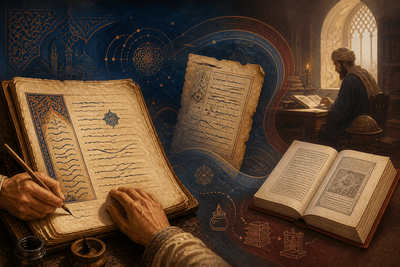 رسم توضيحي تاريخي تعليمي يرمز إلى انتقال نص طبي بين مخطوط عربي ونسخة مترجمة وكتاب مطبوع قديم