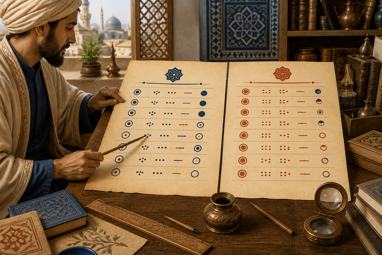 رسم توضيحي تاريخي لورقتين متقابلتين تحملان رموزًا مجردة للمقارنة بين مسارين مرضيين، وليس جدولًا طبيًا أصليًا