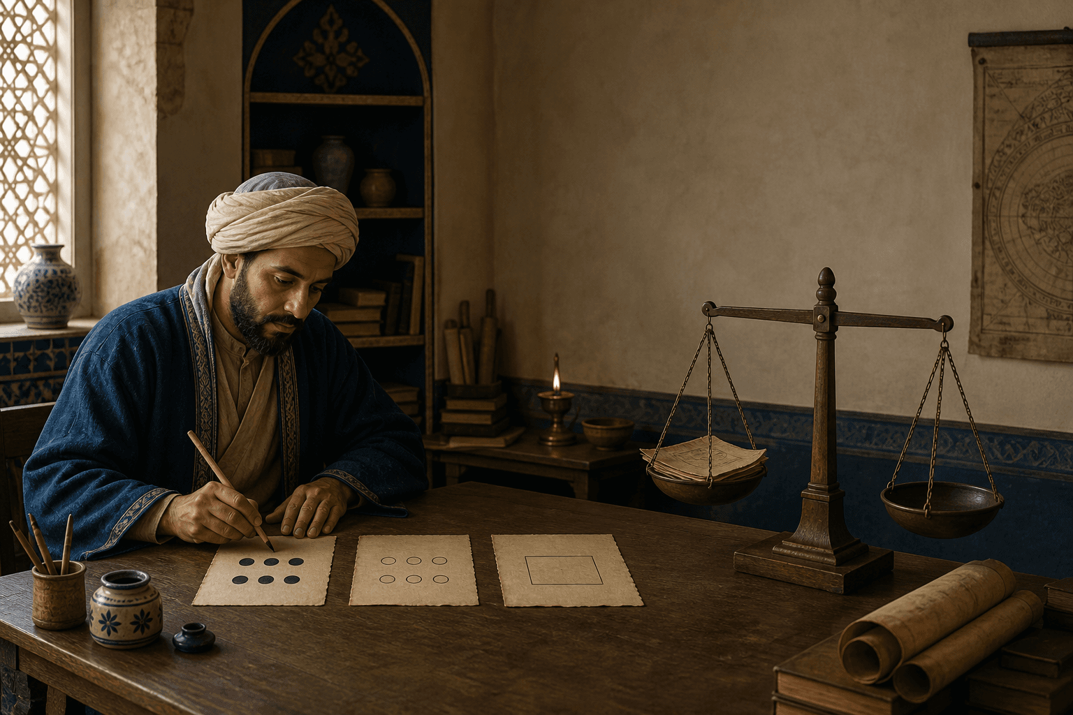 رسم توضيحي تاريخي تعليمي لعالم يوازن بين رقوق الملاحظة وورقة فارغة على ميزان خشبي، رمزًا لعدم اليقين