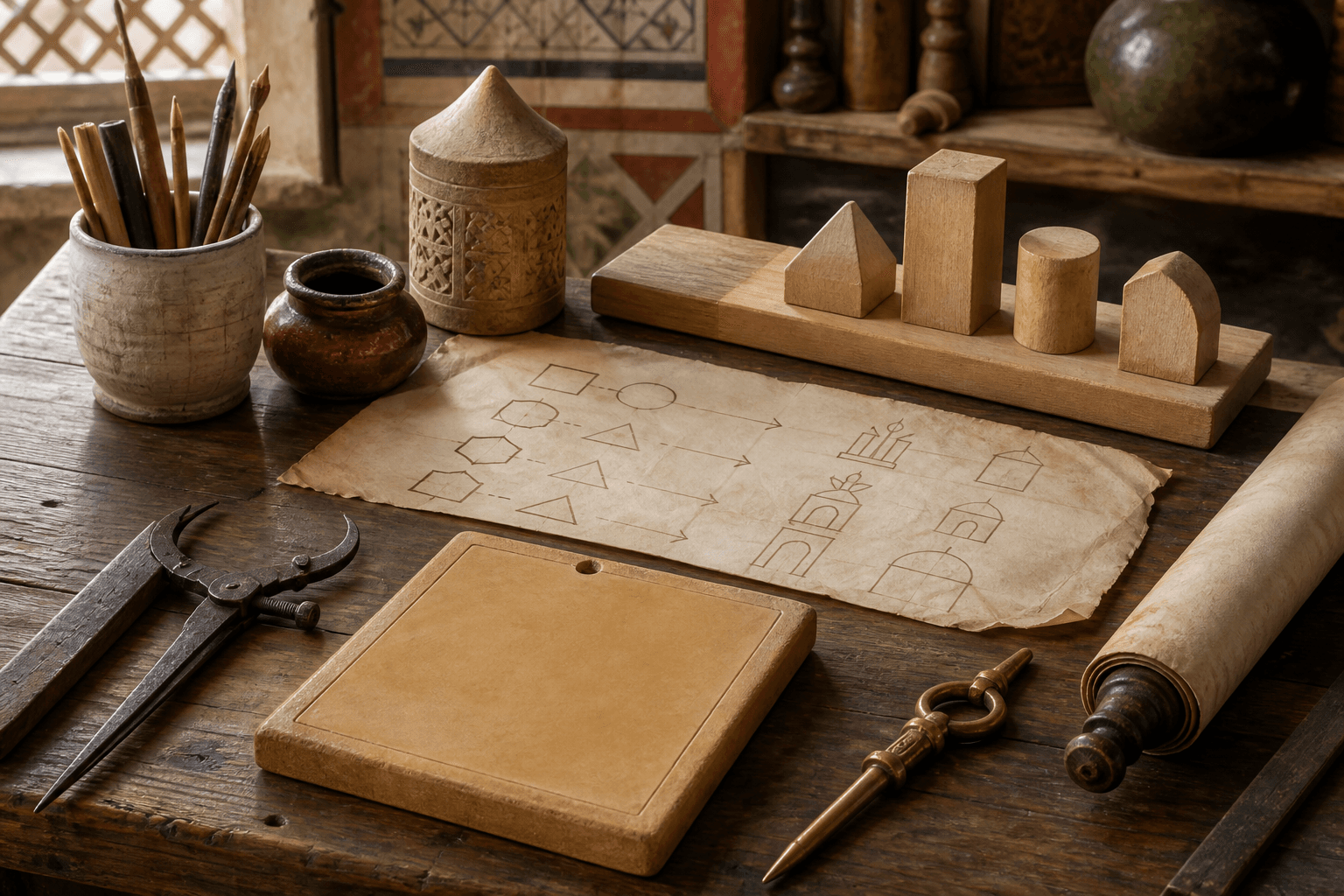 رسم توضيحي تاريخي تعليمي لطاولة أندلسية فيها نموذج خشبي وأداة ومخطط هندسي مجرد، وليس مشهدًا أرشيفيًا