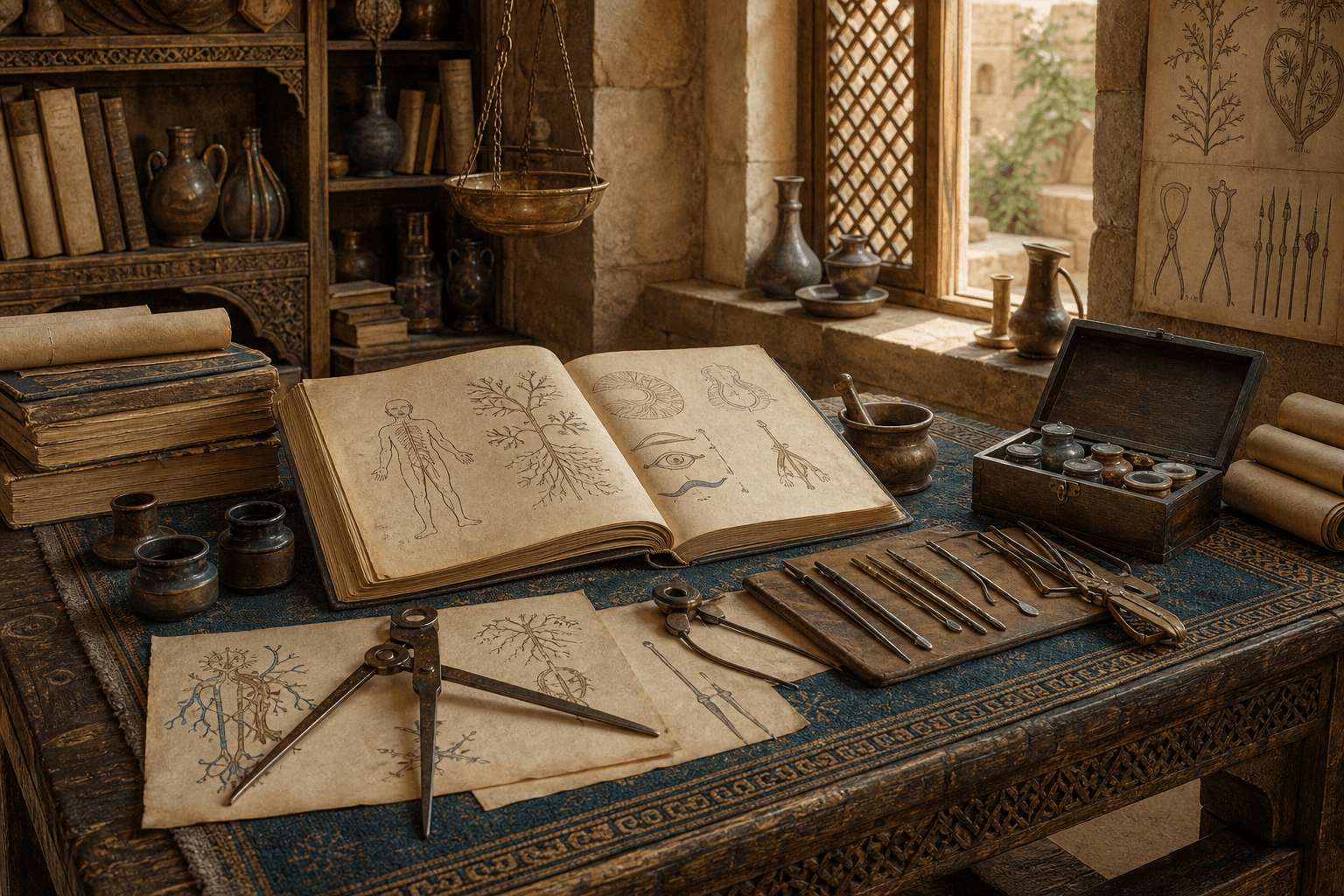 رسم توضيحي تاريخي تعليمي لورشة دراسة طبية أندلسية فيها مخطوط وأدوات مرتبة، وليس صورة أرشيفية أو بورتريهًا للزهراوي