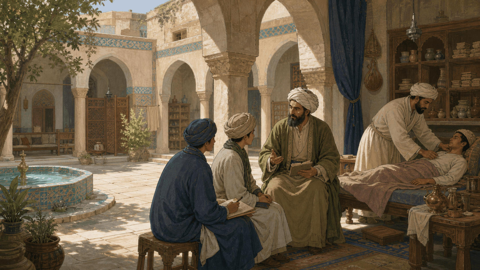 إعادة بناء تعليمية لساحة بيمارستان فيها رعاية ومتعلمون من دون مشهد أرشيفي محدد