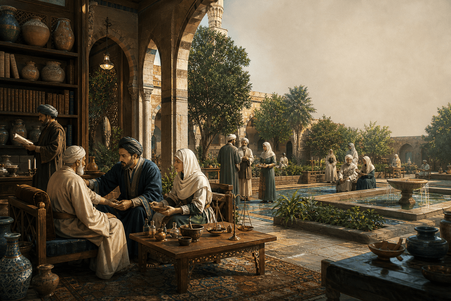 رسم توضيحي تعليمي لساحة بيمارستان ورعاية سريرية إنسانية، مستوحى من المحور التاريخي وليس مشهدًا أرشيفيًا