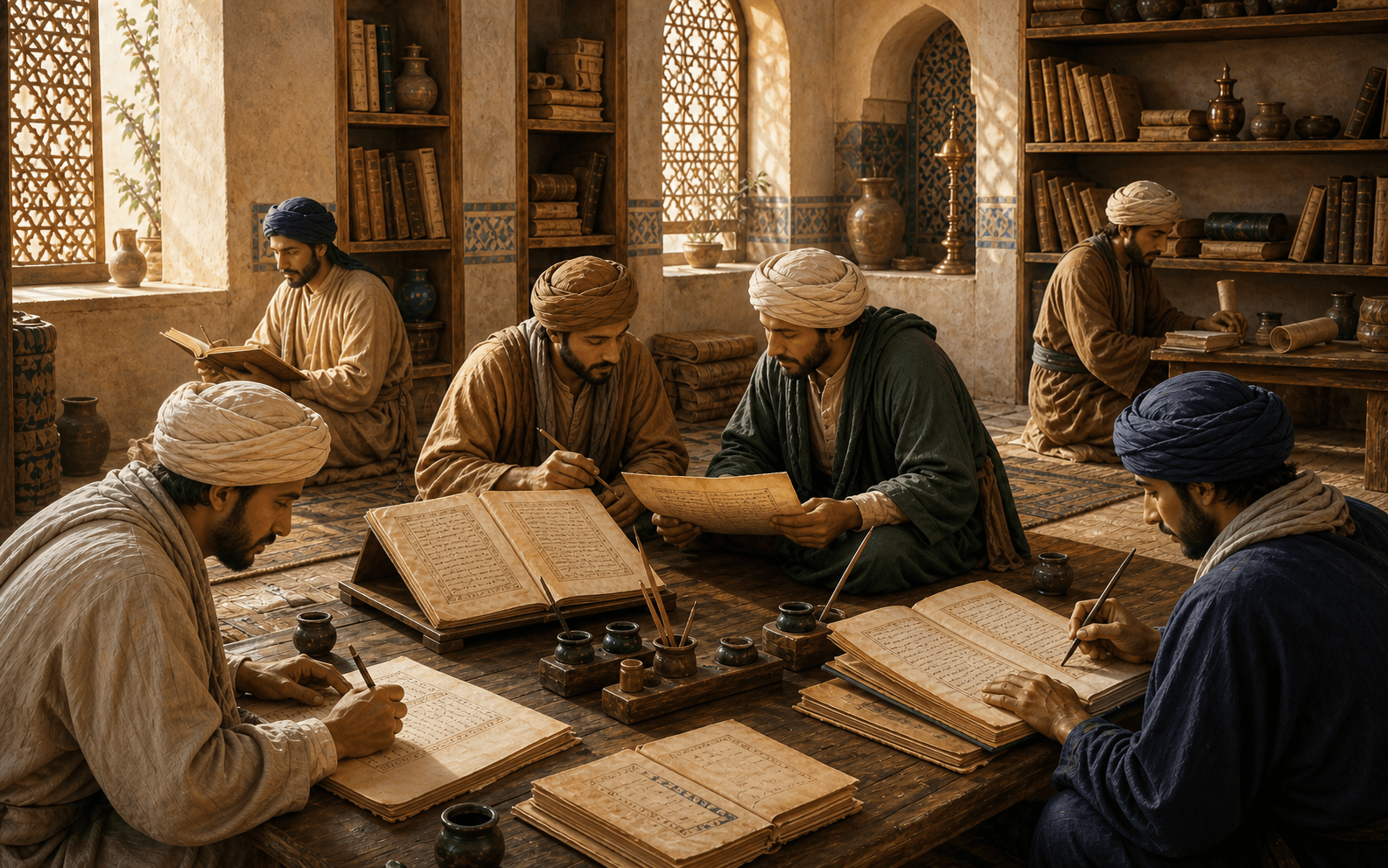 رسم توضيحي تعليمي لورشة ترجمة في بغداد العباسية مع مخطوطات وأقلام ودارسين مجهولين بملامح واضحة، وليس بورتريهًا موثقًا لحنين بن إسحاق
