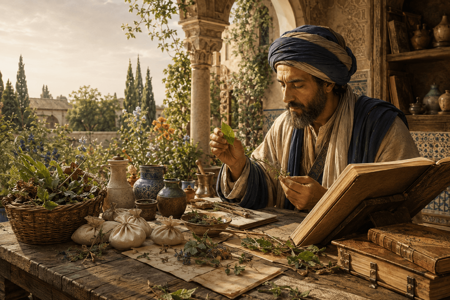 رسم توضيحي تعليمي متخيّل لابن البيطار في فناء أندلسي بين نباتات ومخطوط وسلة عينات، وليس بورتريهًا تاريخيًا موثقًا