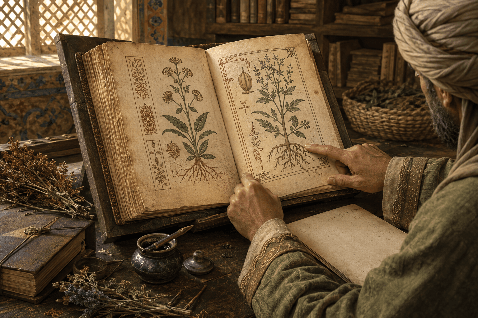 رسم توضيحي تعليمي لمخطوط نباتي مفتوح وأدوات نسخ ويد كاتب، وليس صفحة أرشيفية أصلية